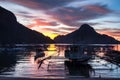 Tropical colorful sunset with a banca boats in El Nido, Palawan