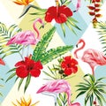 Tropical composition flamingo flowers and plants seamless patter Royalty Free Stock Photo