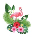 Tropical composition and flamingo. Vector illustration.