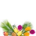 Tropical concept. Pineapple, mango and dragon fruits with palm leaves on white background. Flat lay Royalty Free Stock Photo