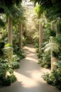Tropical conservatory pathway with lush green plants and sunlight filtering through overhead structure, signifying biological Royalty Free Stock Photo
