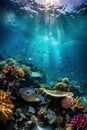 Tropical coral reef with fish and sunlight. Underwater world. Royalty Free Stock Photo