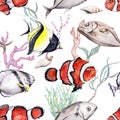 Tropical coral reef fishes seamless pattern. Sea plants and seaweed. Hand drawn watercolor illustration isolated on white Royalty Free Stock Photo