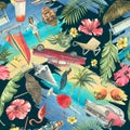 Tropical, Cuban, bright pattern. Seamless on a dark background with cocktails, palm trees, retro cars, pink flamingos