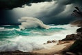 tropical cyclone approaching shore, with view of crashing waves and stormy skies