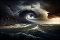 tropical cyclone, with its warm eye and powerful storm clouds, over the ocean Royalty Free Stock Photo