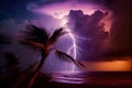 tropical cyclone, with lightning striking over the stormy sky
