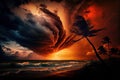 tropical cyclone, with massive storm clouds and powerful winds, in dramatic sunset sky Royalty Free Stock Photo