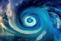tropical cyclone swirling over calm, blue ocean
