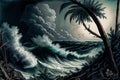 tropical cyclone with view of stormy sea and rough waves