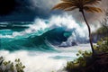 tropical cyclone with view of stormy sea and rough waves