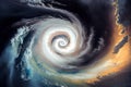 tropical cyclone viewed from above, with clouds swirling and winds blowing