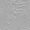 Tropical 3d Seamless Pattern. Tropic Palm Leaves Relief Background. Repeat Embossed Light Gray Backdrop. Surface Leaves, Branches