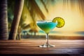 Tropical Daiquiri Delight. A Refreshing Beachside Beverage in Paradise with Serene Sea, Sandy Beach, and Palm Trees -