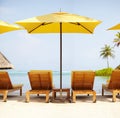Tropical, deck chairs and umbrella on beach for luxury, travel or summer villa for vacation or holiday. Maldives Royalty Free Stock Photo