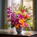 Tropical Delight: An Exotic Bouquet of Orchids, Birds of Paradise, and Palm Leaves