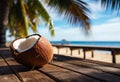 A Tropical Delight: Exotic Coconut Resting on Rustic Wooden Table