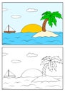 Tropical desert island with palm tree, sun and ship in ocean. Summer sunset landscape. Cartoon vector outline and colored Royalty Free Stock Photo