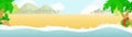 Tropical deserted seashore with growing palm trees, hibiscus, sand and shell in cartoon style. Long banner for summer holiday.