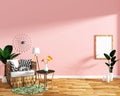 Mock up tropical design,armchair,plant,cabinet on wood floor and pink background.3 d rendering Royalty Free Stock Photo