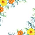 Tropical design border frame template with green jungle palm tree leaves and exotic orange and yellow hibiscus flowers couple. Royalty Free Stock Photo