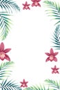 Tropical design border frame template with green jungle palm tree leaves and exotic orchid flowers couple. Royalty Free Stock Photo