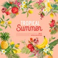 Tropical Design with Exotic Fruits. Summer Composition with Pineapple, Banana and Palm Leaves for Fabric, T-shirt