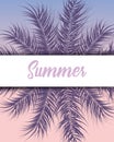 Tropical design with purple palm leaves and plants on gradient background with text