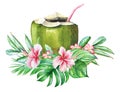 Tropical design with watercolor plants, flowers and a coconut with pink straw
