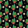Tropical digital pattern with monstera palm leaves, exotic flowers hibiscus and Plumeria on dark background. Seamless Royalty Free Stock Photo