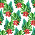 Tropical digital pattern with monstera palm leaves, exotic flowers hibiscus and Plumeria on white background. Seamless Royalty Free Stock Photo