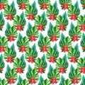 Tropical digital pattern with monstera palm leaves, exotic flowers hibiscus and Plumeria on white background. Seamless Royalty Free Stock Photo