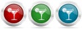 Tropical drink, alcohol, bar, martini in glass vector icon set. Red, blue and green silver metallic web buttons with chrome border