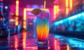 a tropical drink at a bar is shown with a rainbow straw in the middle