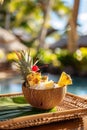Tropical drink presentation: A delicious fruit drink served in a coconut shell with pineapple chunks and a cherry Royalty Free Stock Photo