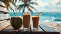 Tropical Drinks on Beach Table with Ocean View Royalty Free Stock Photo