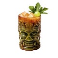 Tropical drinks served on tiki mugs isolated. Tiki cocktail for beach bar Royalty Free Stock Photo