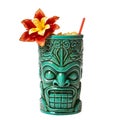 Tropical drinks served on tiki mugs isolated. Tiki cocktail for beach bar Royalty Free Stock Photo