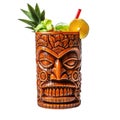 Tropical drinks served on tiki mugs isolated. Tiki cocktail for beach bar Royalty Free Stock Photo