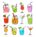 Tropical drinks summer set menu. Cold drinks with hand drawn illustration. Fruit smoothie, cocktails, alcoholic drinks Royalty Free Stock Photo