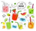 Tropical drinks summer set menu. Cold drinks with hand drawn illustration. Fruit smoothie, cocktails, alcoholic drinks Royalty Free Stock Photo