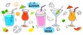 Tropical drinks summer set menu. Cold drinks with hand drawn illustration. Fruit smoothie, cocktails, alcoholic drinks Royalty Free Stock Photo