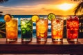 Tropical Drinks on Wooden Outdoor Beach Bar Menu. Generative ai Royalty Free Stock Photo