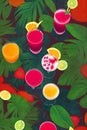 Tropical duotone: jungle cocktails fruits shadows. Royalty Free Stock Photo