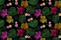 Tropical embroidery flower arrangement. Exotic plant blossom summer jungle. Fashion print textile patch. Hawaii hibiscus Royalty Free Stock Photo