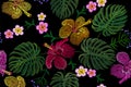 Tropical embroidery flower arrangement. Exotic plant blossom summer jungle. Fashion print textile patch. Hawaii hibiscus plumeria