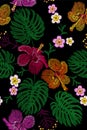 Tropical embroidery flower arrangement. Exotic plant blossom summer jungle. Fashion print textile patch. Hawaii hibiscus plumeria