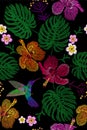 Tropical embroidery flower arrangement. Exotic plant blossom summer jungle. Fashion print textile patch. Hawaii hibiscus plumeria