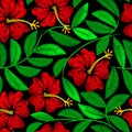 Tropical embroidery hibiscus plant in a seamless pattern