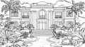 Luxurious Mansion Exterior, Palm Trees and Lush Gardens, Architectural Drawing Royalty Free Stock Photo